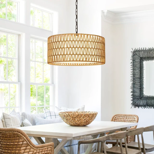 Alt view image 5 of 7 - 9"-52" Height Adjustable Farmhouse Chandelier Light Fixture, 5-Light Rattan Boho Chandeliers for Dining Room, Hand Woven Pendant Light with Linen Shade, Rustic Hanging Lighting for Kitchen Island