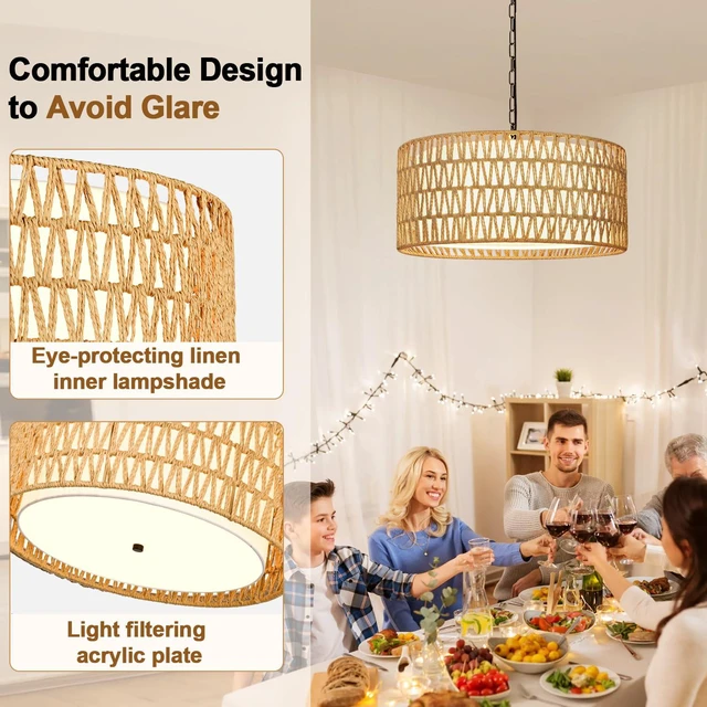 Alt view image 7 of 7 - 9"-52" Height Adjustable Farmhouse Chandelier Light Fixture, 5-Light Rattan Boho Chandeliers for Dining Room, Hand Woven Pendant Light with Linen Shade, Rustic Hanging Lighting for Kitchen Island