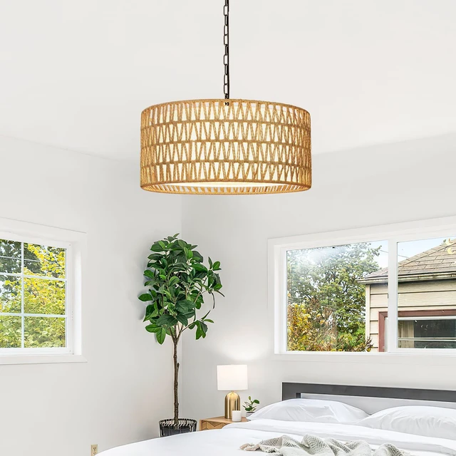 Alt view image 6 of 7 - 9"-52" Height Adjustable Farmhouse Chandelier Light Fixture, 5-Light Rattan Boho Chandeliers for Dining Room, Hand Woven Pendant Light with Linen Shade, Rustic Hanging Lighting for Kitchen Island