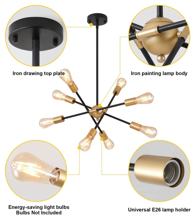 Alt view image 4 of 7 - 8 Lights Dining Room Light Fixtures Modern Sputnik Chandelier Black and Gold Mid Century Pendant Light for Kitchen Island Entryway Foyer Living Room UL Listed