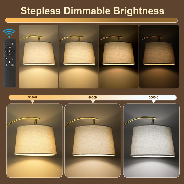 Alt view image 3 of 7 - Real Wood Floor Lamps for Living Room Bedroom, 62" Mid Century Modern Lamp Dimmable Remote 3 Color Temperature, 9W Bulb Included, Foot Switch, Walnut Mcm Arc Standing Tall Lamp Nursery Corner Reading