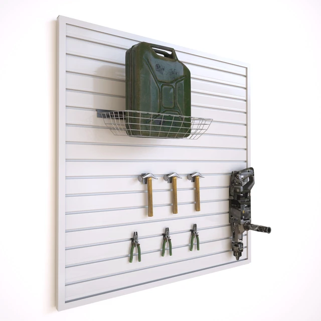 Alt view image 2 of 7 - Slatwall Panel Wall Storage Systems, 4 x 4ft Slat Wall Paneling Garage Wall Organizer, Heavy Duty Wall Mounted PVC Wall Rack (White)