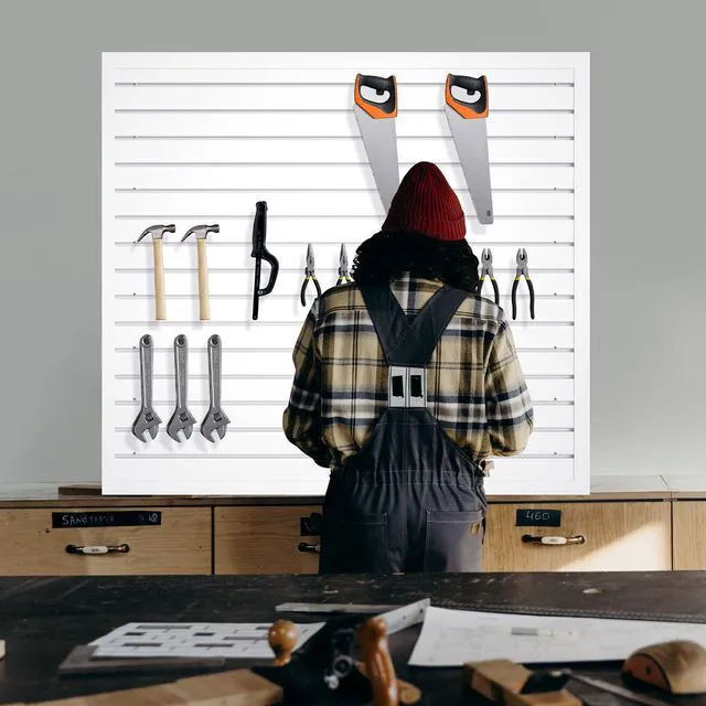 Alt view image 7 of 7 - Slatwall Panel Wall Storage Systems, 4 x 4ft Slat Wall Paneling Garage Wall Organizer, Heavy Duty Wall Mounted PVC Wall Rack (White)