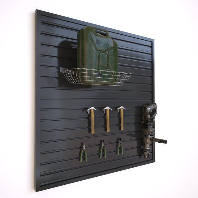Alt view image 2 of 7 - Slatwall Panel Wall Storage Systems, 4 x 4ft Slat Wall Paneling Garage Wall Organizer, Heavy Duty Wall Mounted PVC Wall Rack (Black)