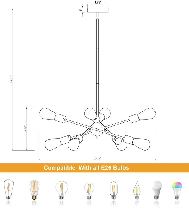 Alt view image 5 of 7 - 8 Lights Dining Room Light Fixtures Modern Sputnik Chandelier Black and Gold Mid Century Pendant Light for Kitchen Island Entryway Foyer Living Room UL Listed