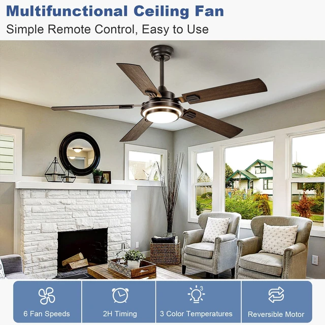 Alt view image 2 of 7 - 52-Inch Ceiling Fan with Light: Walnut Ceiling Fans with 5 Blades Dual Finish Reversible - Farmhouse Ceiling Fan with Remote Control Noiseless for Living Room Outdoor Patios