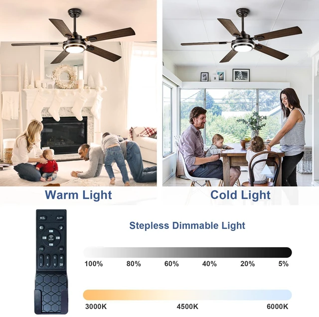 Alt view image 3 of 7 - 52-Inch Ceiling Fan with Light: Walnut Ceiling Fans with 5 Blades Dual Finish Reversible - Farmhouse Ceiling Fan with Remote Control Noiseless for Living Room Outdoor Patios