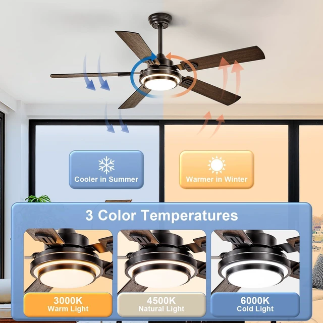 Alt view image 4 of 7 - 52-Inch Ceiling Fan with Light: Walnut Ceiling Fans with 5 Blades Dual Finish Reversible - Farmhouse Ceiling Fan with Remote Control Noiseless for Living Room Outdoor Patios