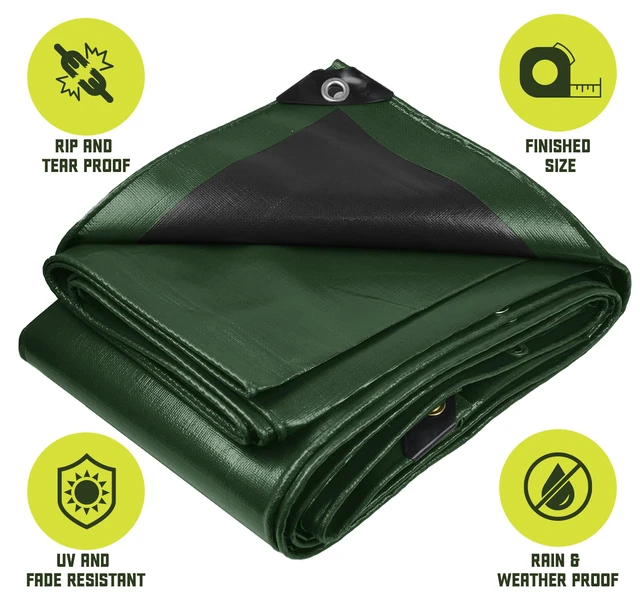 Alt view image 2 of 7 - Heavy Duty 8 Mil Tarp Cover, Waterproof, UV Resistant, Rip and Tear Proof, Poly Tarpaulin with Reinforced Edges for Roof, Patio, Pool, Boat. (Green/Black 24 X 30)