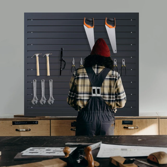 Alt view image 7 of 7 - Slatwall Panel Wall Storage Systems, 4 x 4ft Slat Wall Paneling Garage Wall Organizer, Heavy Duty Wall Mounted PVC Wall Rack (Black)