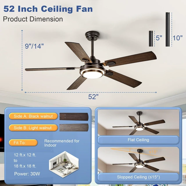 Alt view image 7 of 7 - 52-Inch Ceiling Fan with Light: Walnut Ceiling Fans with 5 Blades Dual Finish Reversible - Farmhouse Ceiling Fan with Remote Control Noiseless for Living Room Outdoor Patios