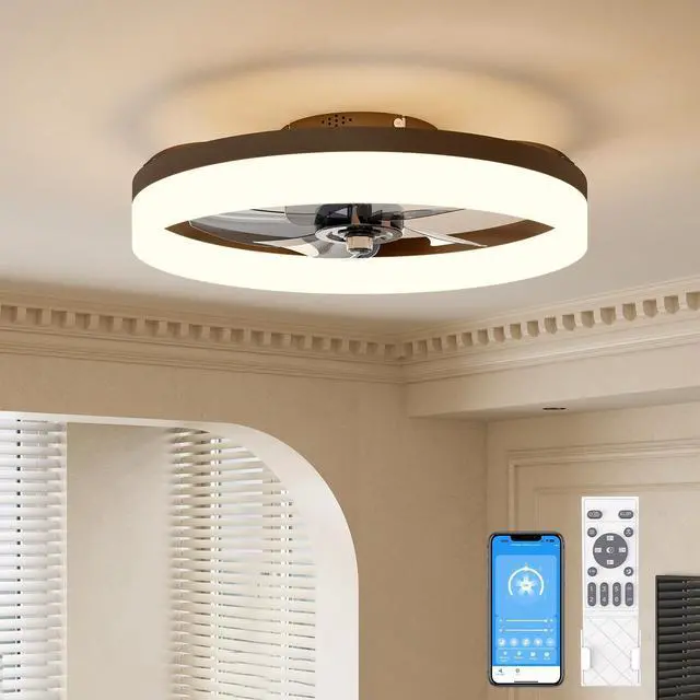 Main image of Low Profile Ceiling Fans with Lights and Remote, 19.7in Fandelier Ceiling Fan with Light, 3000K-6500K Dimmable Bladeless LED Fan Light, Brown Flush Mount Ceiling Fans with Lights for Bedroom