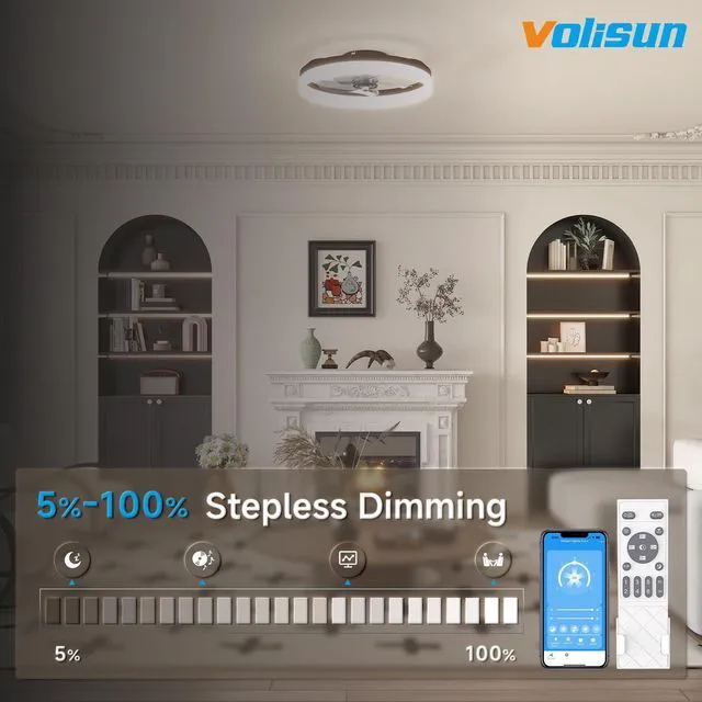 Alt view image 2 of 7 - Low Profile Ceiling Fans with Lights and Remote, 19.7in Fandelier Ceiling Fan with Light, 3000K-6500K Dimmable Bladeless LED Fan Light, Brown Flush Mount Ceiling Fans with Lights for Bedroom