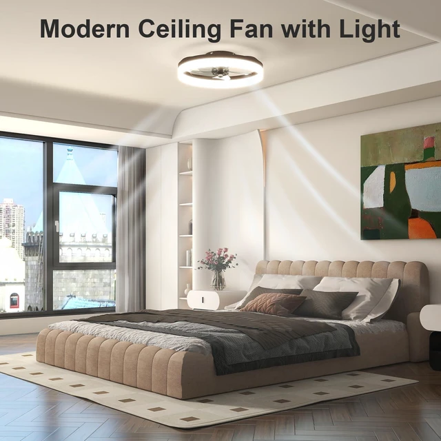 Alt view image 3 of 7 - Low Profile Ceiling Fans with Lights and Remote, 19.7in Fandelier Ceiling Fan with Light, 3000K-6500K Dimmable Bladeless LED Fan Light, Brown Flush Mount Ceiling Fans with Lights for Bedroom