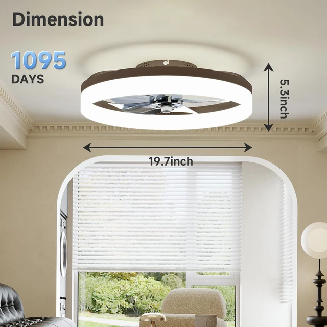 Alt view image 4 of 7 - Low Profile Ceiling Fans with Lights and Remote, 19.7in Fandelier Ceiling Fan with Light, 3000K-6500K Dimmable Bladeless LED Fan Light, Brown Flush Mount Ceiling Fans with Lights for Bedroom