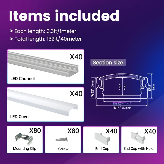 Alt view image 2 of 7 - 40Pack 3.3FT Silver LED Strip Channel with Milky Diffuser U1SW WW 17x7mm LED Aluminum Channel, Fits LED Strips Up to 12mm, LED Strip Light Diffuser, Smooth Light Output, Linear Lighting