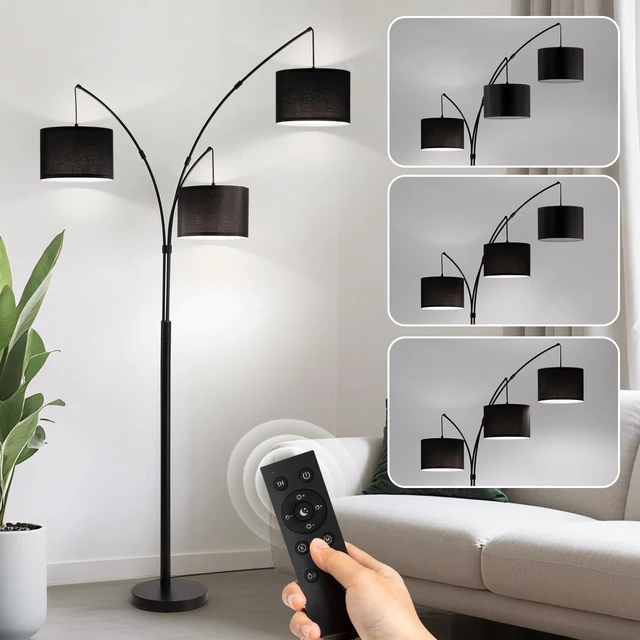 Main image of Floor lamp with Remote, 3 Light Arc Floor Lamps for Living Room, 2400LM Tall Standing Floor Lamps with Black Shades, 80" Large Floor Lamp for Bedroom, Office