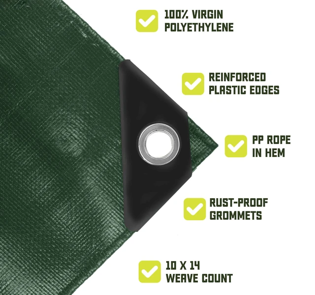 Alt view image 5 of 7 - Heavy Duty 8 Mil Tarp Cover, Waterproof, UV Resistant, Rip and Tear Proof, Poly Tarpaulin with Reinforced Edges for Roof, Patio, Pool, Boat. (Green/Black 24 X 30)