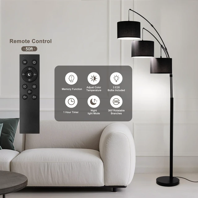 Alt view image 3 of 7 - Floor lamp with Remote, 3 Light Arc Floor Lamps for Living Room, 2400LM Tall Standing Floor Lamps with Black Shades, 80" Large Floor Lamp for Bedroom, Office