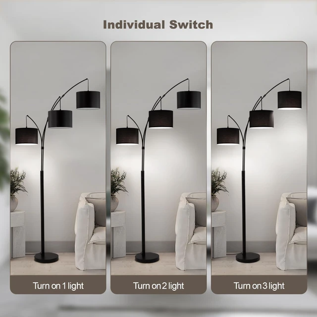Alt view image 4 of 7 - Floor lamp with Remote, 3 Light Arc Floor Lamps for Living Room, 2400LM Tall Standing Floor Lamps with Black Shades, 80" Large Floor Lamp for Bedroom, Office
