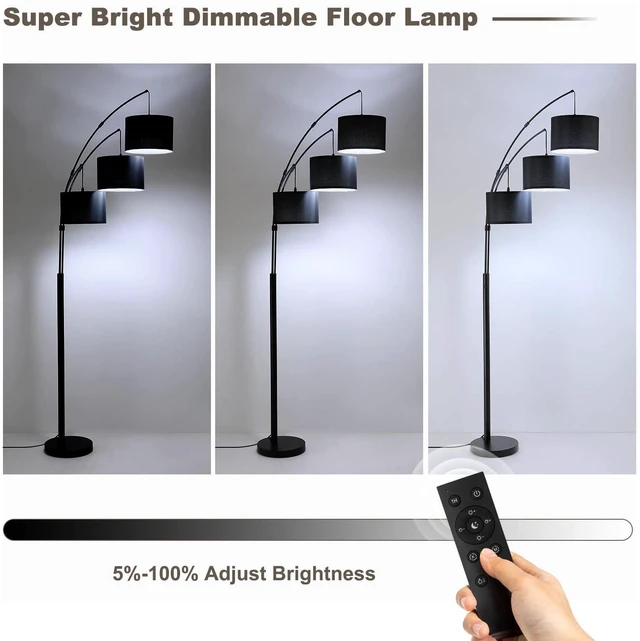 Alt view image 5 of 7 - Floor lamp with Remote, 3 Light Arc Floor Lamps for Living Room, 2400LM Tall Standing Floor Lamps with Black Shades, 80" Large Floor Lamp for Bedroom, Office