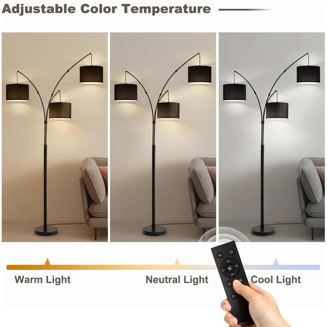 Alt view image 6 of 7 - Floor lamp with Remote, 3 Light Arc Floor Lamps for Living Room, 2400LM Tall Standing Floor Lamps with Black Shades, 80" Large Floor Lamp for Bedroom, Office