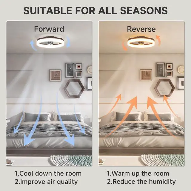 Alt view image 6 of 7 - Low Profile Ceiling Fans with Lights and Remote, 19.7in Fandelier Ceiling Fan with Light, 3000K-6500K Dimmable Bladeless LED Fan Light, Brown Flush Mount Ceiling Fans with Lights for Bedroom