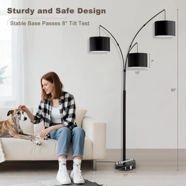 Alt view image 7 of 7 - Floor lamp with Remote, 3 Light Arc Floor Lamps for Living Room, 2400LM Tall Standing Floor Lamps with Black Shades, 80" Large Floor Lamp for Bedroom, Office