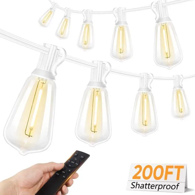 Main image of Outdoor String Lights with Remote, 200FT LED Patio Lights with 62 ST38 LED Filament Bulbs, 3 Lighting Modes, 3H/5H Timer, Waterproof IP65 String Light for Outside, E12 Socket Base, White