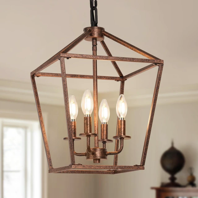 Main image of 4-Light Rustic Chandelier, Vintage Pendant Light with Antique Bronze Lantern Ceiling Light Fixtures with Adjustable Height, Geometric Hanging Light for Dining Room Kitchen Living Room Entryway