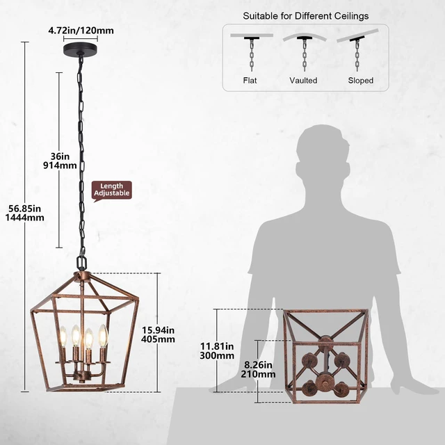 Alt view image 2 of 6 - 4-Light Rustic Chandelier, Vintage Pendant Light with Antique Bronze Lantern Ceiling Light Fixtures with Adjustable Height, Geometric Hanging Light for Dining Room Kitchen Living Room Entryway