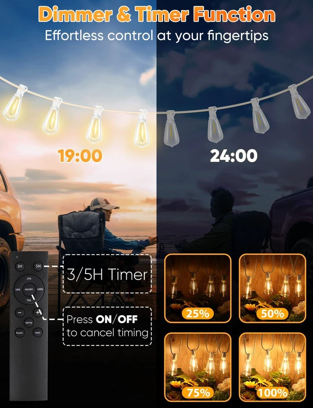 Alt view image 4 of 7 - Outdoor String Lights with Remote, 200FT LED Patio Lights with 62 ST38 LED Filament Bulbs, 3 Lighting Modes, 3H/5H Timer, Waterproof IP65 String Light for Outside, E12 Socket Base, White