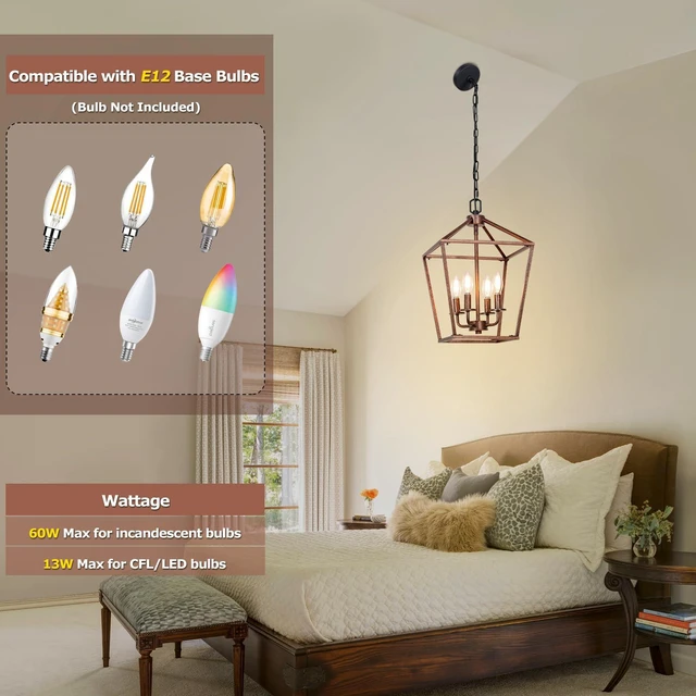 Alt view image 3 of 6 - 4-Light Rustic Chandelier, Vintage Pendant Light with Antique Bronze Lantern Ceiling Light Fixtures with Adjustable Height, Geometric Hanging Light for Dining Room Kitchen Living Room Entryway