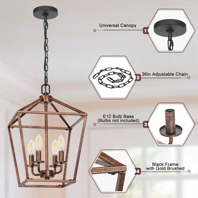 Alt view image 4 of 6 - 4-Light Rustic Chandelier, Vintage Pendant Light with Antique Bronze Lantern Ceiling Light Fixtures with Adjustable Height, Geometric Hanging Light for Dining Room Kitchen Living Room Entryway