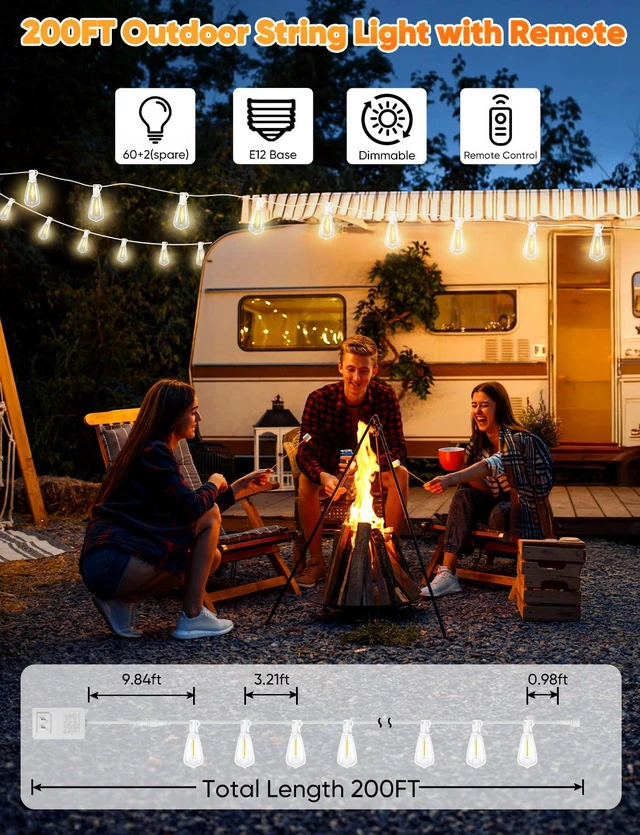 Alt view image 5 of 7 - Outdoor String Lights with Remote, 200FT LED Patio Lights with 62 ST38 LED Filament Bulbs, 3 Lighting Modes, 3H/5H Timer, Waterproof IP65 String Light for Outside, E12 Socket Base, White