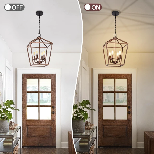 Alt view image 5 of 6 - 4-Light Rustic Chandelier, Vintage Pendant Light with Antique Bronze Lantern Ceiling Light Fixtures with Adjustable Height, Geometric Hanging Light for Dining Room Kitchen Living Room Entryway