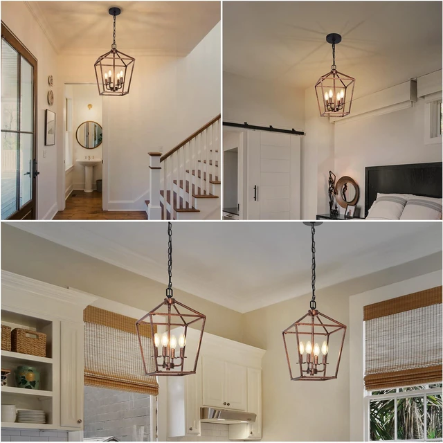 Alt view image 6 of 6 - 4-Light Rustic Chandelier, Vintage Pendant Light with Antique Bronze Lantern Ceiling Light Fixtures with Adjustable Height, Geometric Hanging Light for Dining Room Kitchen Living Room Entryway