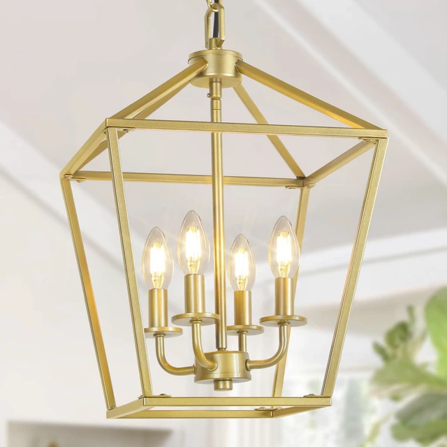 Main image of 4 Light Gold Chandelier, Industrial Ceiling Light Lantern Light Fixtures with Farmhouse Metal Cage Adjustable Height Rustic Geometric Hanging Light E12 Base for Kitchen Island, Entryway, Indoor