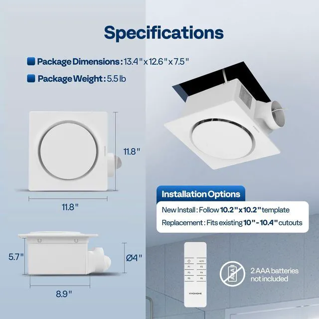 Alt view image 7 of 7 - EC Motor Bathroom Exhaust Fan with Humidity Sensor (160-110-50CFM Energy-Saving AutoFlow,10.2-inch Ceiling Retrofit Bath Fan, No Attic Access Needed