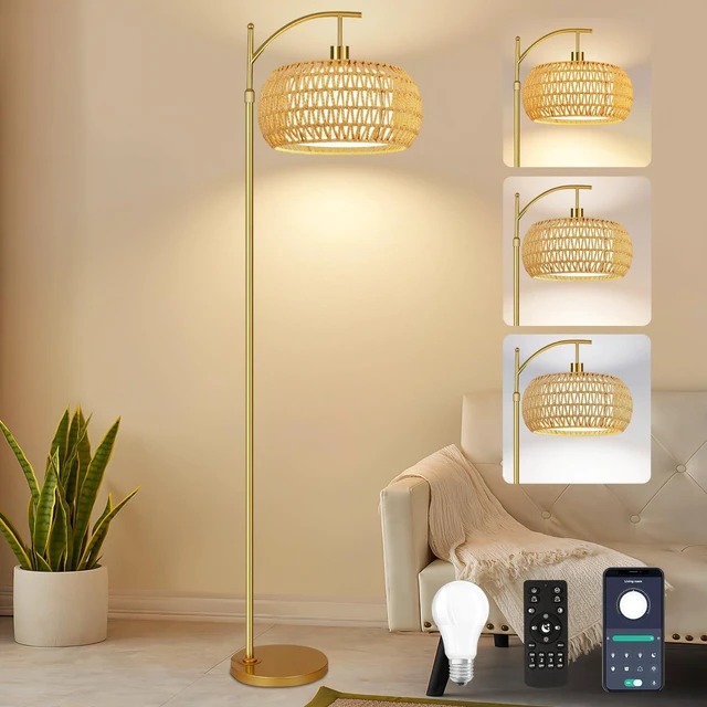Main image of Gold Floor Lamps for Living Room Rattan Boho Floor Lamp with Remote Control & 3 Color Temperature,Dimmable Arc Floor Lamps Brass Standing Lamp Tall Floor Lamp for Bedroom Living Room Corner