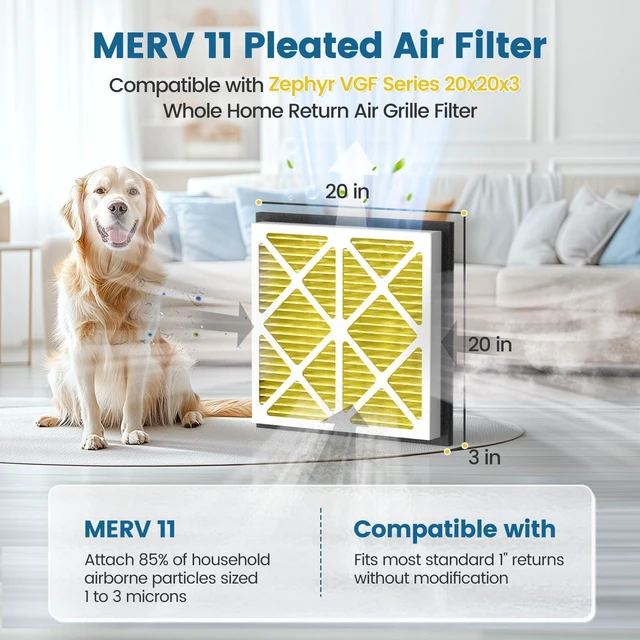 Alt view image 2 of 7 - 20x20x3 MERV 11 Air Filter Compatible with Zephyr VGF Series 20x20x3 Whole Home Deep Pleated Return Air Grille Filter, MERV 11 Air Filtration System, Yellow, 2 Pack