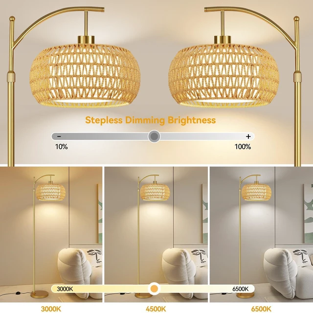 Alt view image 2 of 7 - Gold Floor Lamps for Living Room Rattan Boho Floor Lamp with Remote Control & 3 Color Temperature,Dimmable Arc Floor Lamps Brass Standing Lamp Tall Floor Lamp for Bedroom Living Room Corner