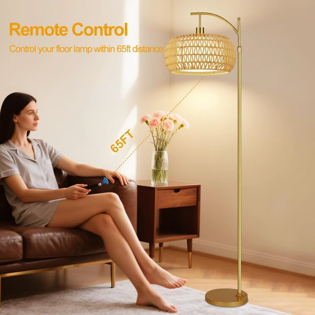Alt view image 4 of 7 - Gold Floor Lamps for Living Room Rattan Boho Floor Lamp with Remote Control & 3 Color Temperature,Dimmable Arc Floor Lamps Brass Standing Lamp Tall Floor Lamp for Bedroom Living Room Corner
