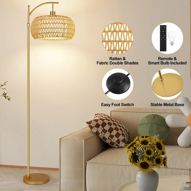 Alt view image 5 of 7 - Gold Floor Lamps for Living Room Rattan Boho Floor Lamp with Remote Control & 3 Color Temperature,Dimmable Arc Floor Lamps Brass Standing Lamp Tall Floor Lamp for Bedroom Living Room Corner