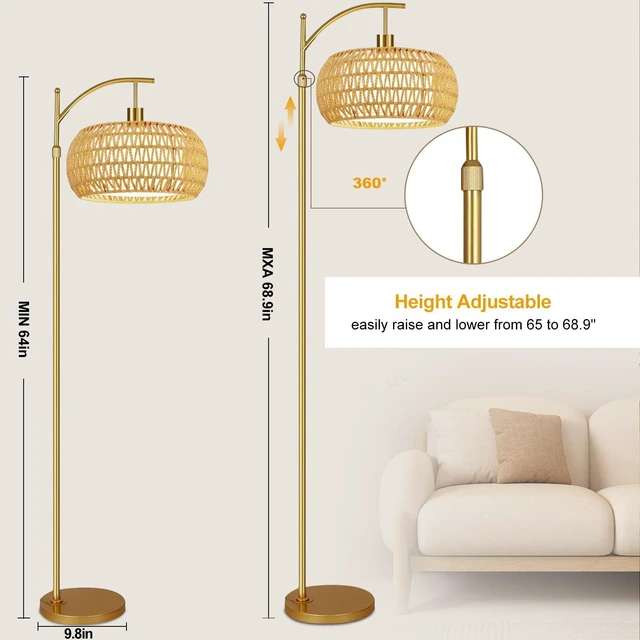 Alt view image 6 of 7 - Gold Floor Lamps for Living Room Rattan Boho Floor Lamp with Remote Control & 3 Color Temperature,Dimmable Arc Floor Lamps Brass Standing Lamp Tall Floor Lamp for Bedroom Living Room Corner