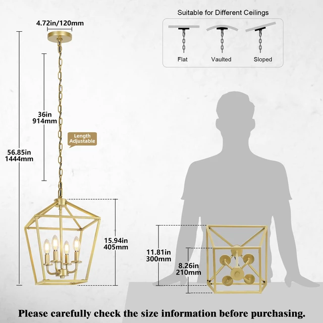 Alt view image 2 of 6 - 4 Light Gold Chandelier, Industrial Ceiling Light Lantern Light Fixtures with Farmhouse Metal Cage Adjustable Height Rustic Geometric Hanging Light E12 Base for Kitchen Island, Entryway, Indoor