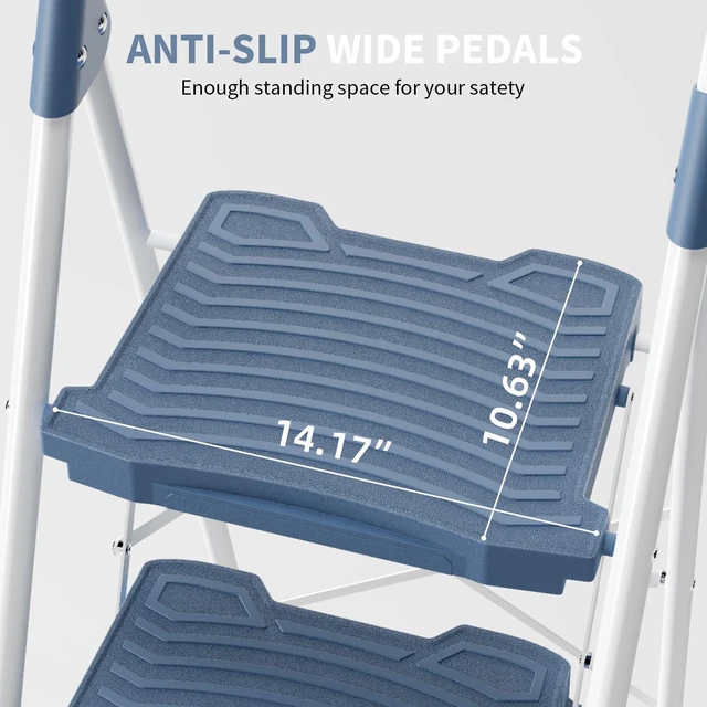 Alt view image 2 of 7 - 4 Step Ladder, Sturdy Step Stool with Handrail, Anti-Slip Wide Pedals, Foldable Step Stool for Home, Garage, Garden, Blue, Safety Locking, Pass 900LBS Testing