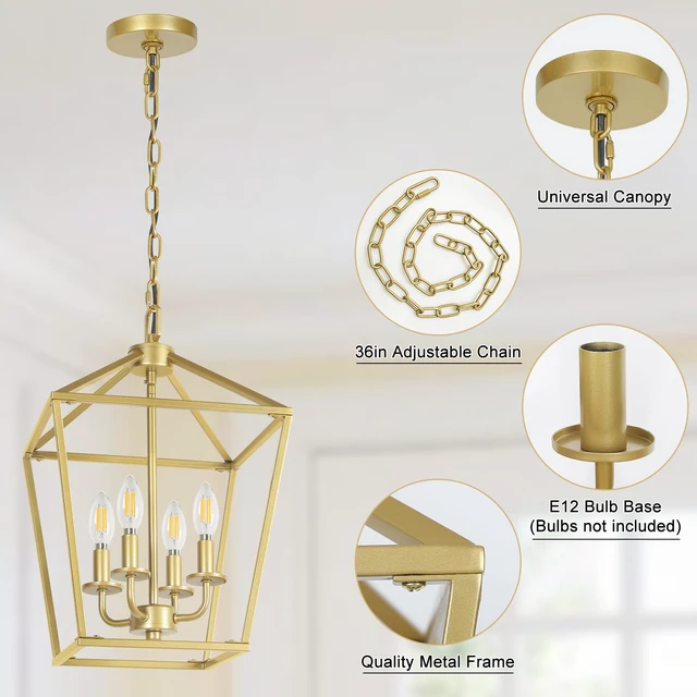 Alt view image 4 of 6 - 4 Light Gold Chandelier, Industrial Ceiling Light Lantern Light Fixtures with Farmhouse Metal Cage Adjustable Height Rustic Geometric Hanging Light E12 Base for Kitchen Island, Entryway, Indoor