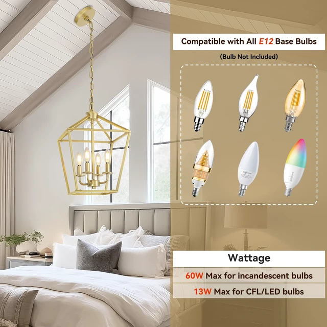 Alt view image 3 of 6 - 4 Light Gold Chandelier, Industrial Ceiling Light Lantern Light Fixtures with Farmhouse Metal Cage Adjustable Height Rustic Geometric Hanging Light E12 Base for Kitchen Island, Entryway, Indoor