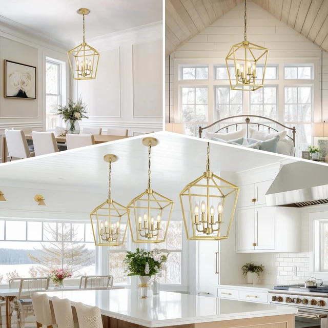 Alt view image 6 of 6 - 4 Light Gold Chandelier, Industrial Ceiling Light Lantern Light Fixtures with Farmhouse Metal Cage Adjustable Height Rustic Geometric Hanging Light E12 Base for Kitchen Island, Entryway, Indoor